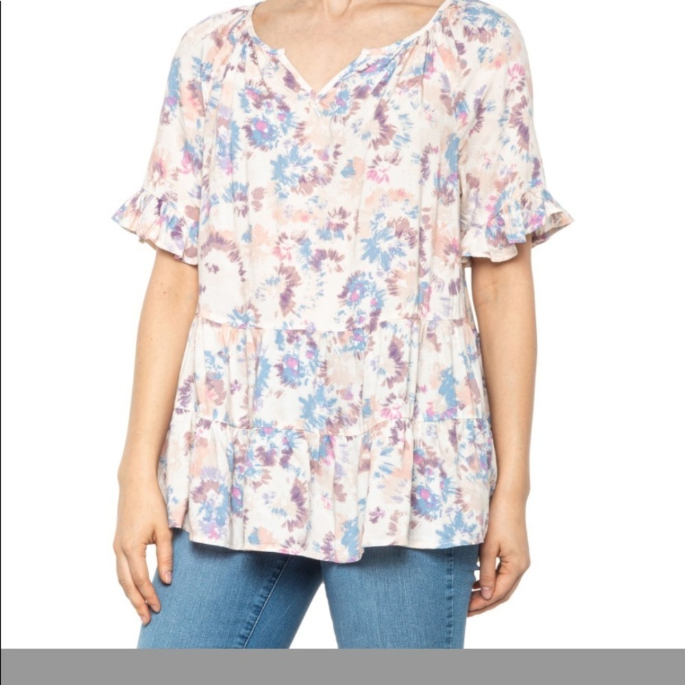 Beachlunchlounge Akia Ruffle Tie Dye Splash Short Sleeve V-Neck Shirt Size Small